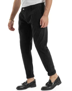Pantaloni Uomo Velluto A Coste Abbottonatura Allungata Tasche America Nero P6409A