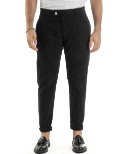 Pantaloni Uomo Velluto A Coste Abbottonatura Allungata Tasche America Nero P6409A