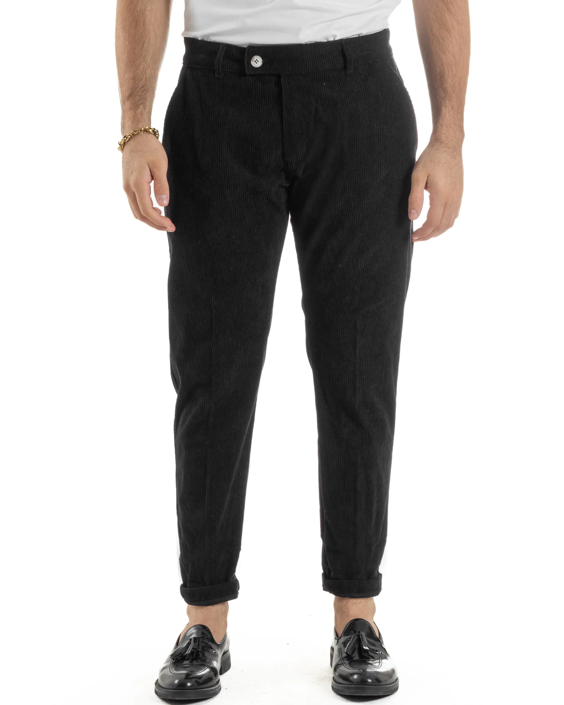 Pantaloni Uomo Velluto A Coste Abbottonatura Allungata Tasche America Nero P6409A