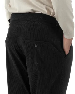 Pantaloni Uomo Velluto Costine Vita Alta Gurkha Pants Abbottonatura Allungata Fibbie Nero BlackSunday P6428A
