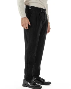Pantaloni Uomo Velluto Costine Vita Alta Gurkha Pants Abbottonatura Allungata Fibbie Nero BlackSunday P6428A