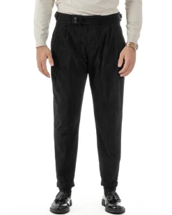 Pantaloni Uomo Velluto Costine Vita Alta Gurkha Pants Abbottonatura Allungata Fibbie Nero BlackSunday P6428A