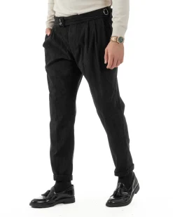 Pantaloni Uomo Velluto Costine Vita Alta Gurkha Pants Abbottonatura Allungata Fibbie Nero BlackSunday P6428A