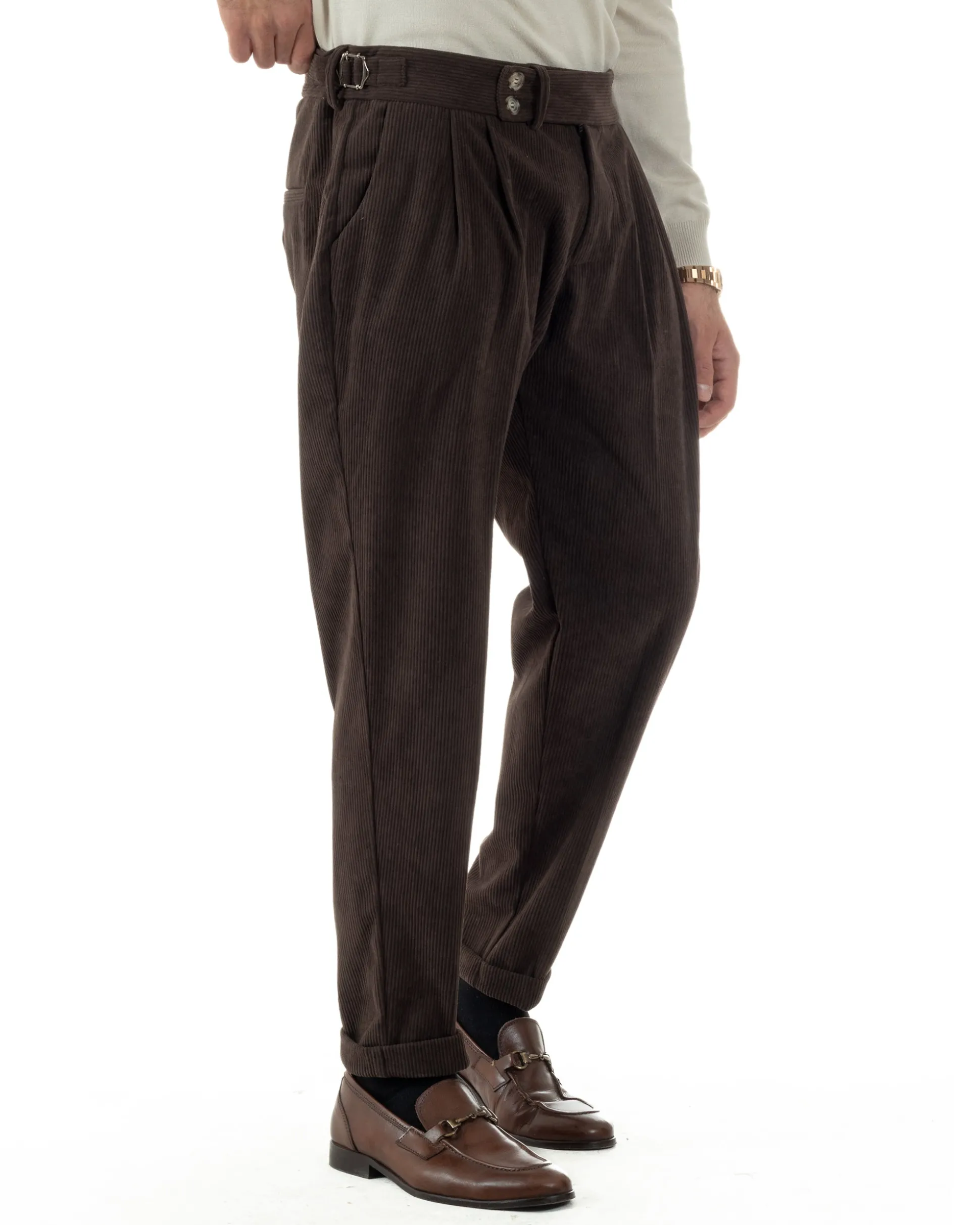 Pantaloni Uomo Velluto Costine Vita Alta Gurkha Pants Abbottonatura Allungata Fibbie Marrone BlackSunday P6426A