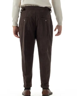 Pantaloni Uomo Velluto Costine Vita Alta Gurkha Pants Abbottonatura Allungata Fibbie Marrone BlackSunday P6426A