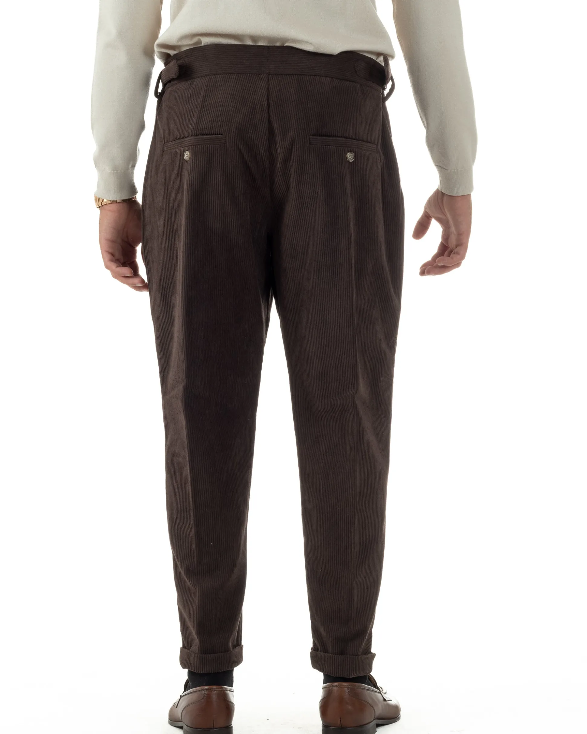 Pantaloni Uomo Velluto Costine Vita Alta Gurkha Pants Abbottonatura Allungata Fibbie Marrone BlackSunday P6426A