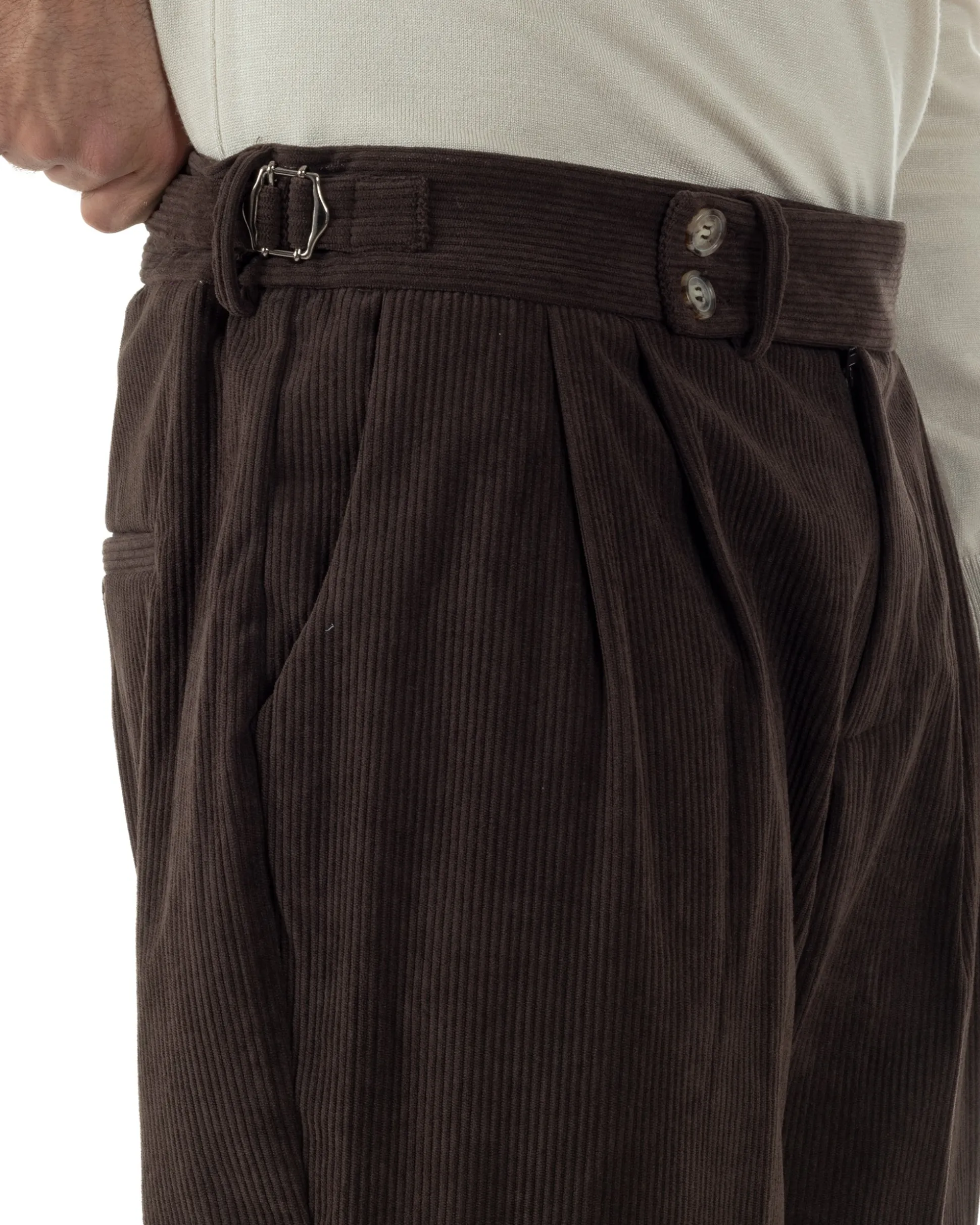 Pantaloni Uomo Velluto Costine Vita Alta Gurkha Pants Abbottonatura Allungata Fibbie Marrone BlackSunday P6426A