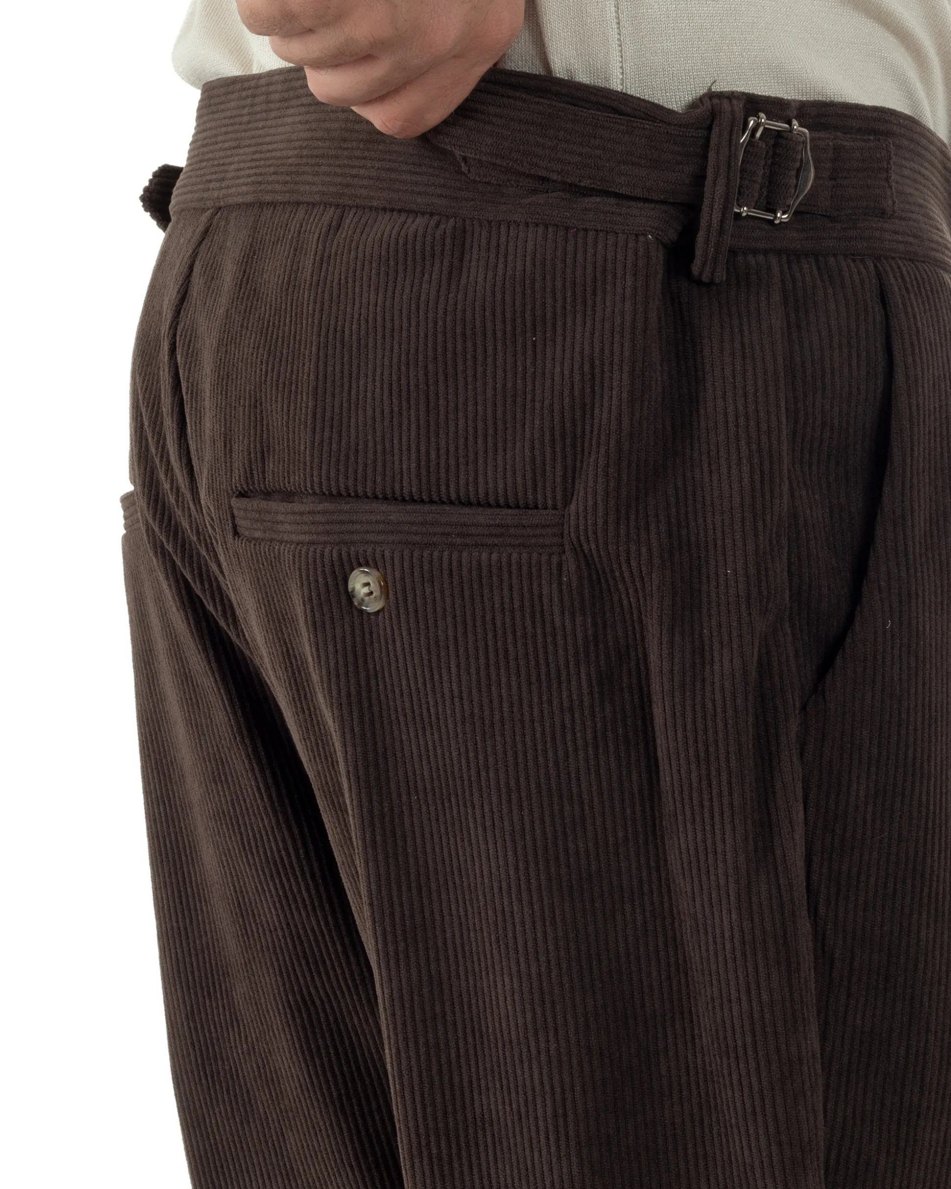 Pantaloni Uomo Velluto Costine Vita Alta Gurkha Pants Abbottonatura Allungata Fibbie Marrone BlackSunday P6426A
