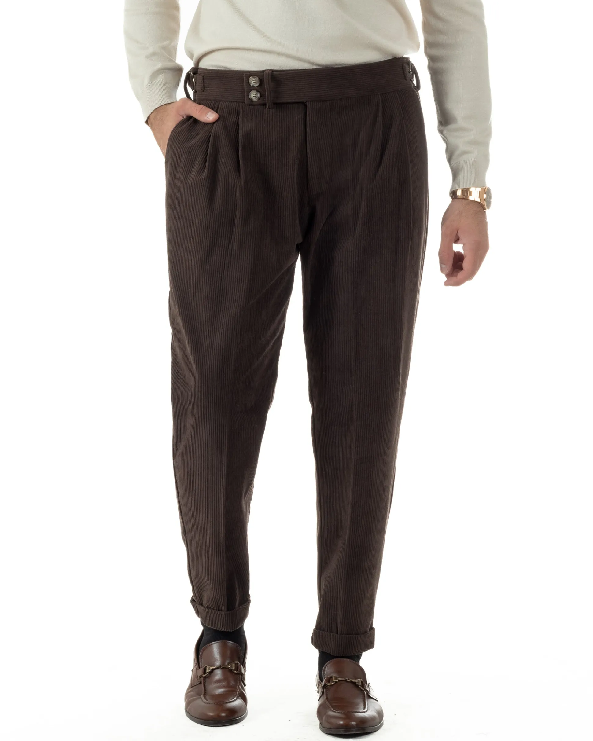 Pantaloni Uomo Velluto Costine Vita Alta Gurkha Pants Abbottonatura Allungata Fibbie Marrone BlackSunday P6426A