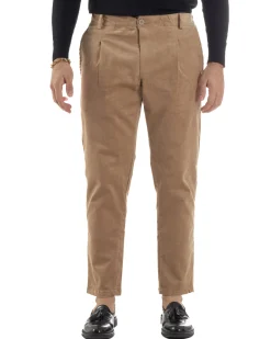 Pantaloni Uomo Velluto Tasche America Pinces Chino Beige P6415A