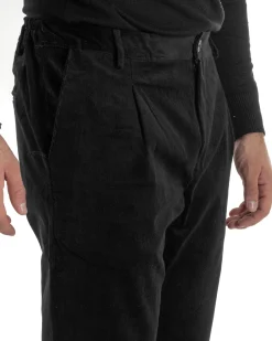 Pantaloni Uomo Velluto Tasche America Pinces Chino Nero P6416A