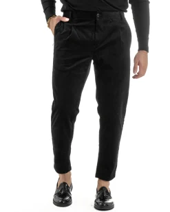 Pantaloni Uomo Velluto Tasche America Pinces Chino Nero P6416A