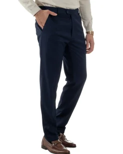 Pantaloni Uomo Viscosa Abbottonatura Allungata Elegante Classico Blu P6430A