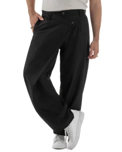 Pantaloni uomo viscosa baggy abbottonatura asimmetrica nero GIOSAL-P6465A
