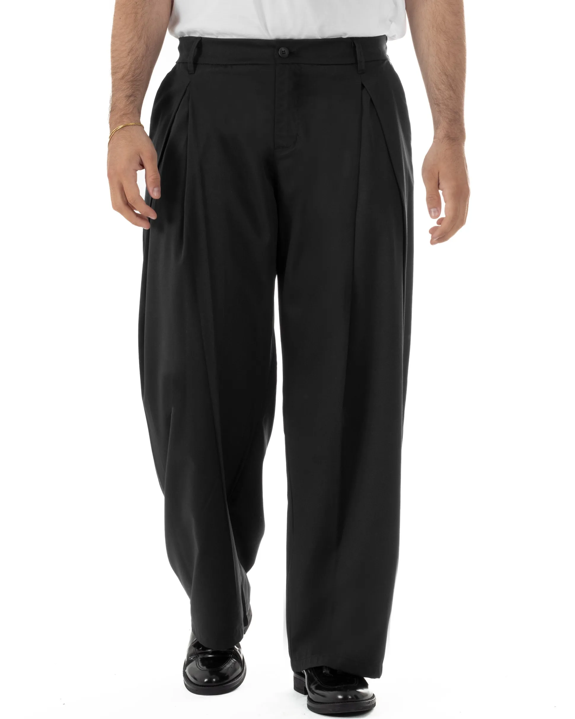 Pantaloni uomo viscosa baggy wide fit pinces estivo nero GIOSAL-P6459A