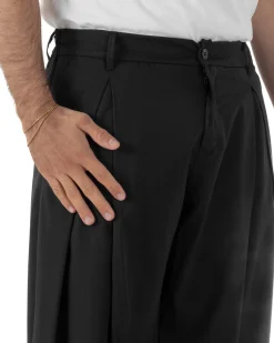 Pantaloni uomo viscosa baggy wide fit pinces estivo nero GIOSAL-P6459A