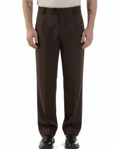 Pantaloni uomo viscosa baggy fondo ampio elastico sul retro abbottonatura allungata marrone GIOSAL-P6445A
