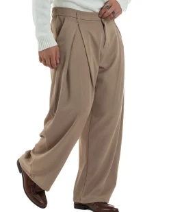 Pantaloni Uomo Viscosa Baggy Wide Fit Pinces Beige P6382A