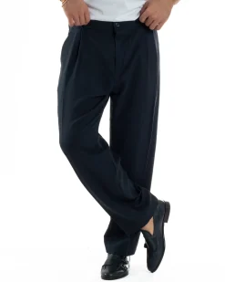 Pantaloni Uomo Viscosa Baggy Con Pinces Relaxed Fit Blu P6352A