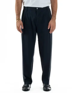 Pantaloni Uomo Viscosa Baggy Con Pinces Relaxed Fit Blu P6352A