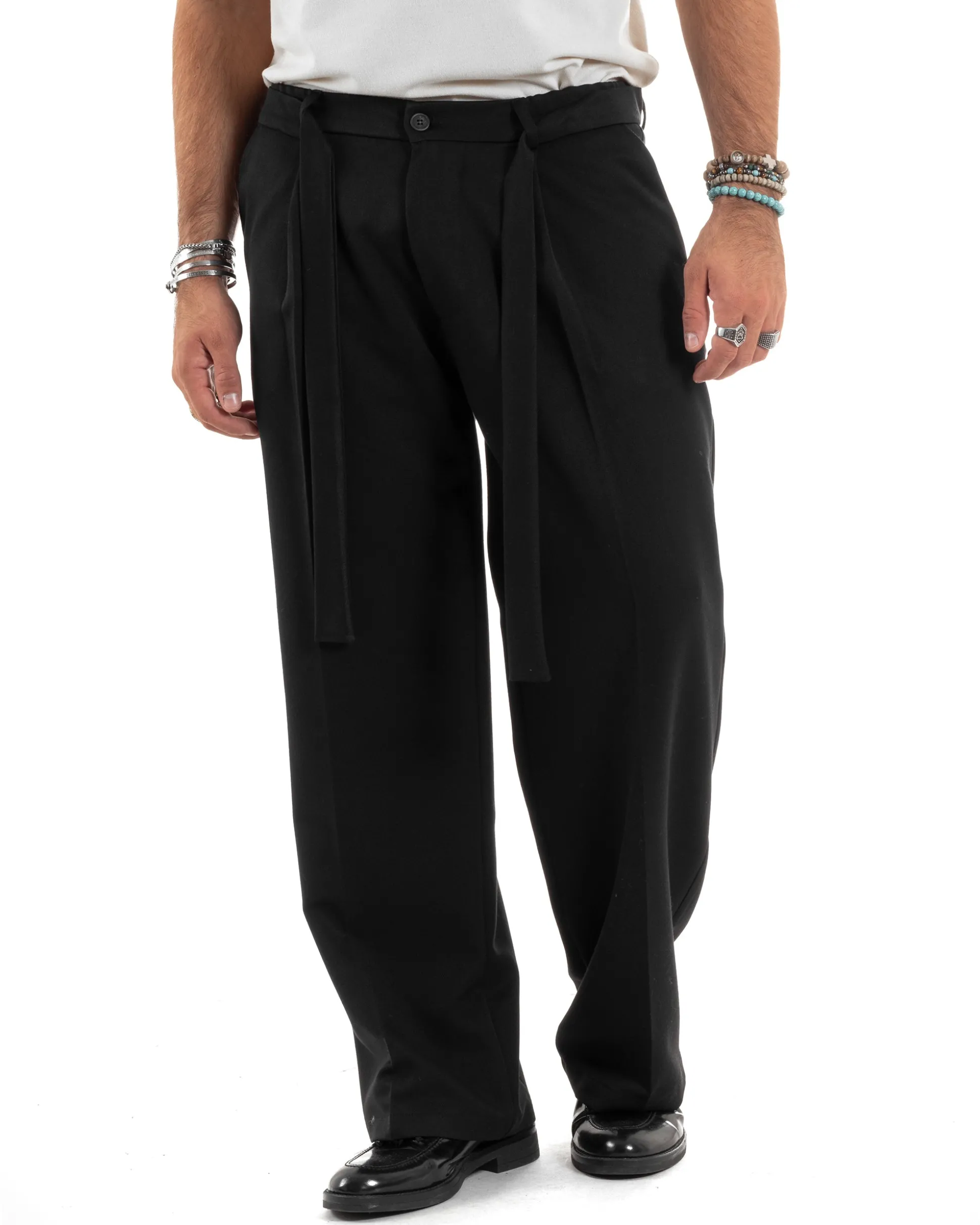 Pantaloni Uomo Viscosa Baggy Fondo Ampio Fusciacca Nero GIOSAL-P6189A