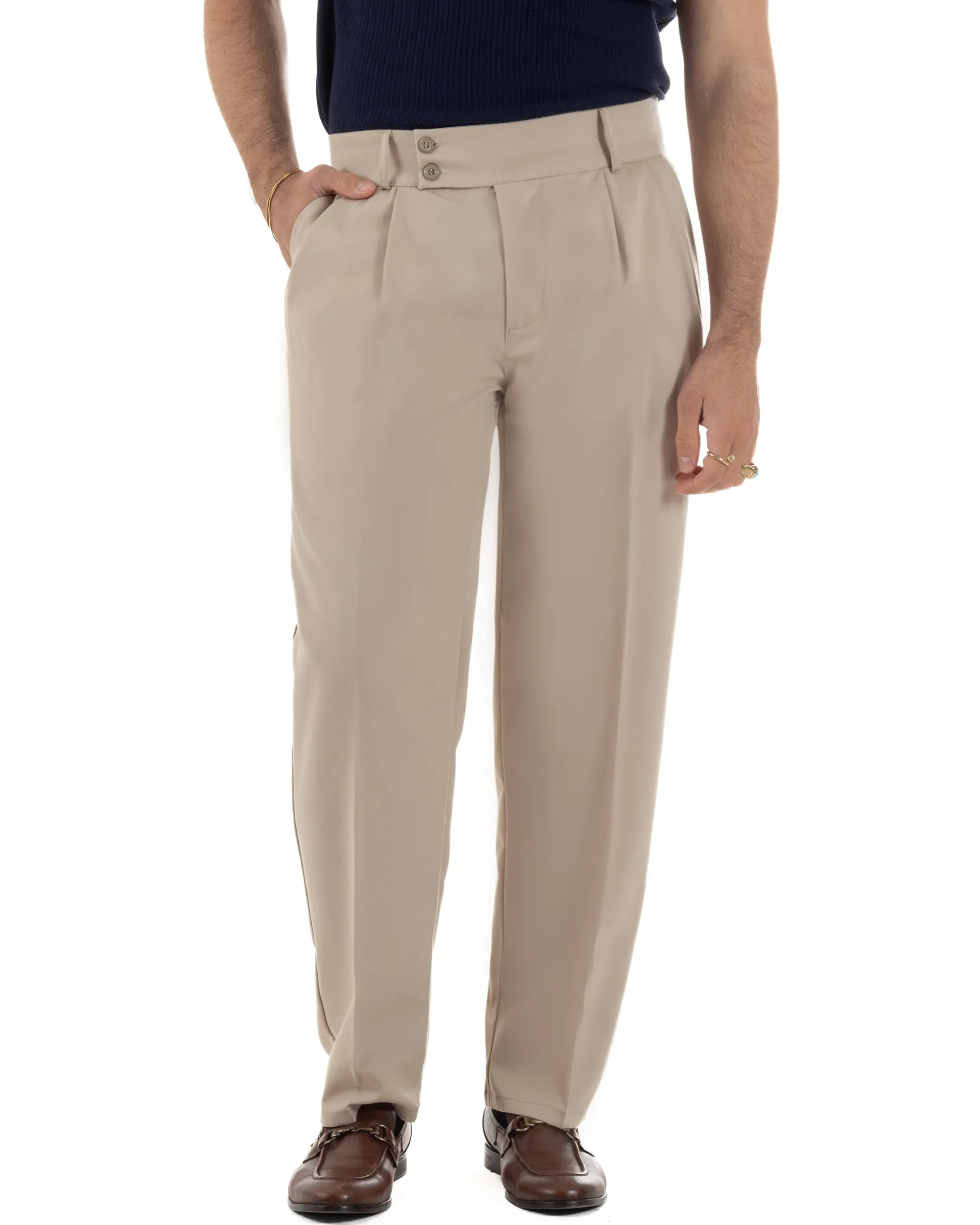 Pantaloni uomo viscosa baggy fondo ampio vita alta pinces beige GIOSAL-P6483A