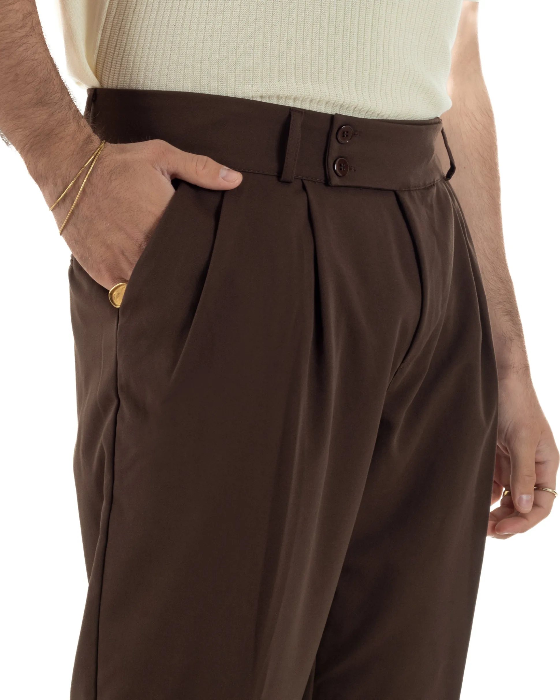 Pantaloni uomo viscosa baggy fondo ampio vita alta pinces marrone GIOSAL-P6481A