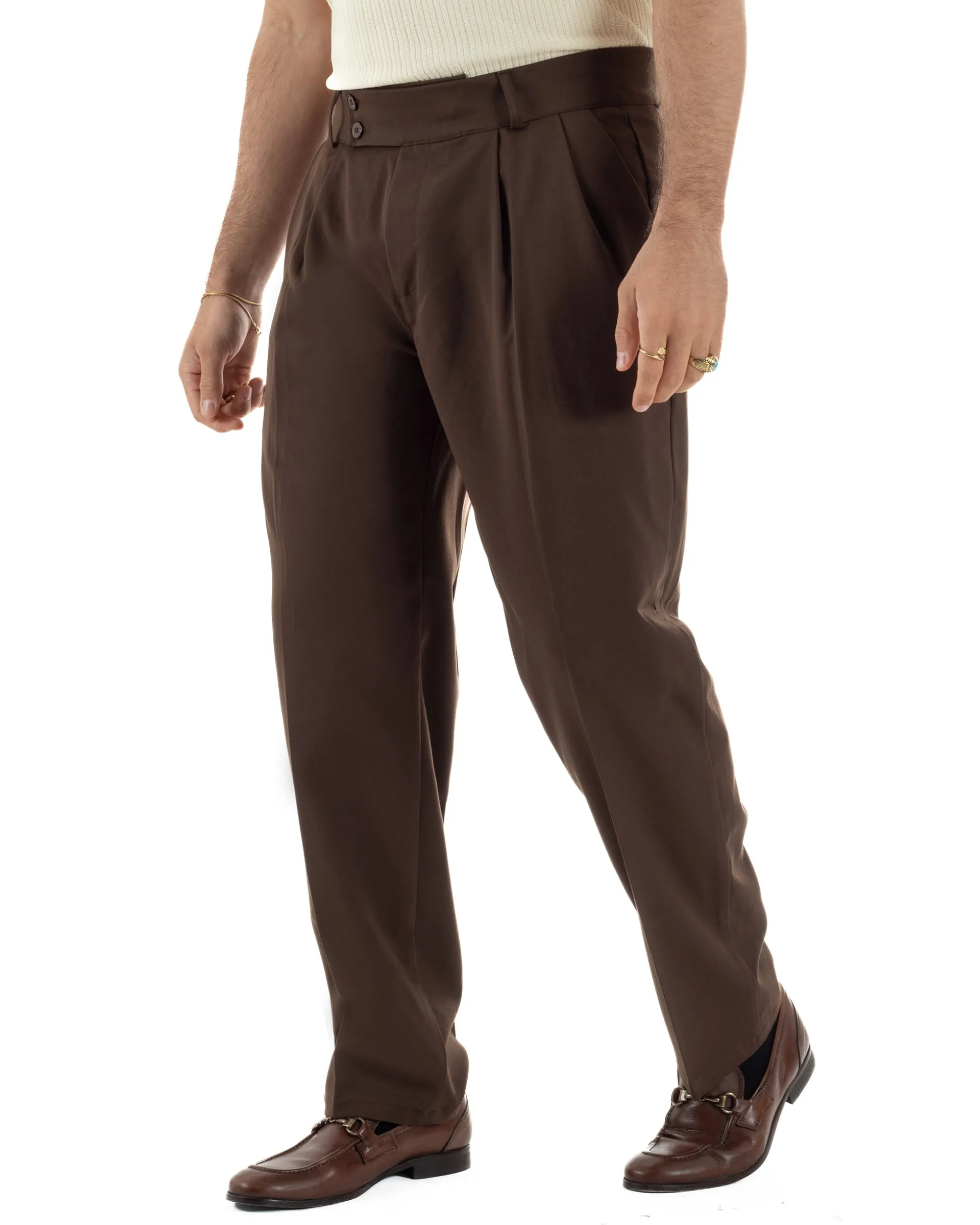 Pantaloni uomo viscosa baggy fondo ampio vita alta pinces marrone GIOSAL-P6481A