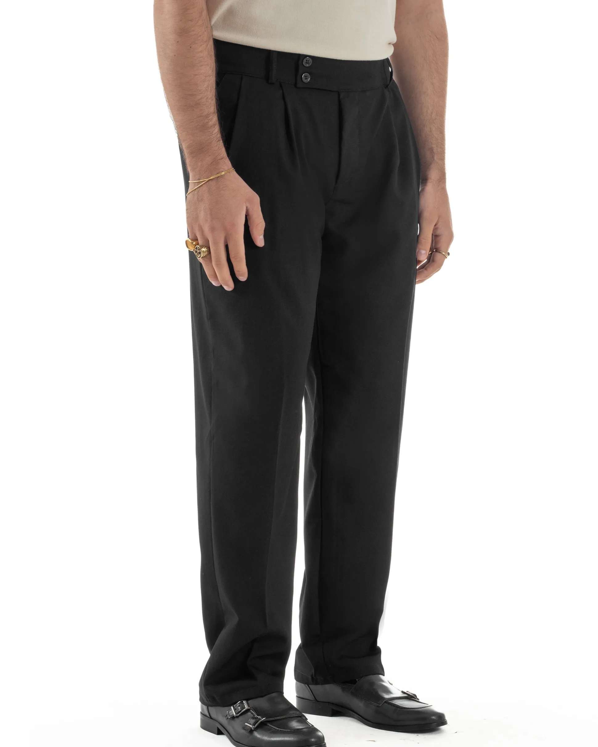 Pantaloni uomo viscosa baggy fondo ampio vita alta pinces nero GIOSAL-P6480A