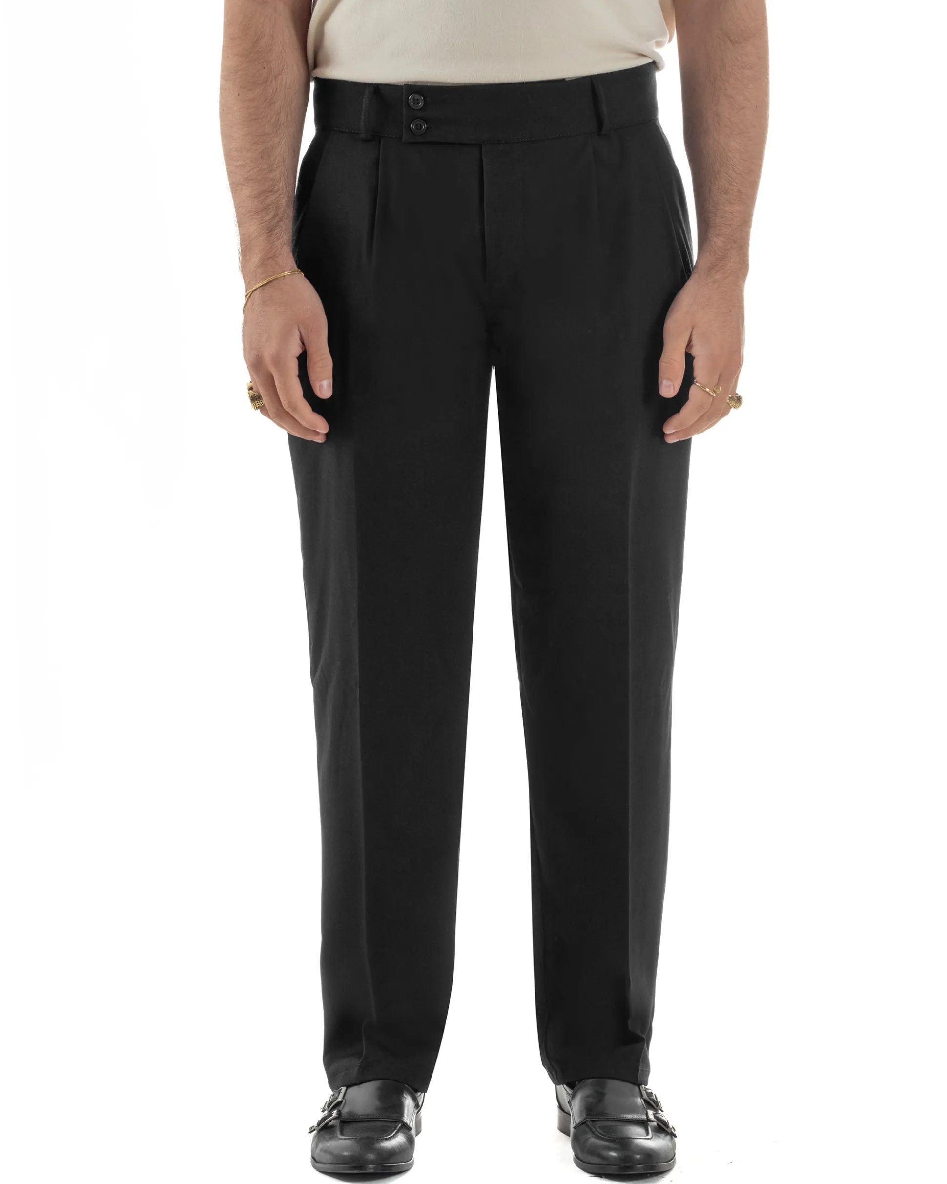 Pantaloni uomo viscosa baggy fondo ampio vita alta pinces nero GIOSAL-P6480A