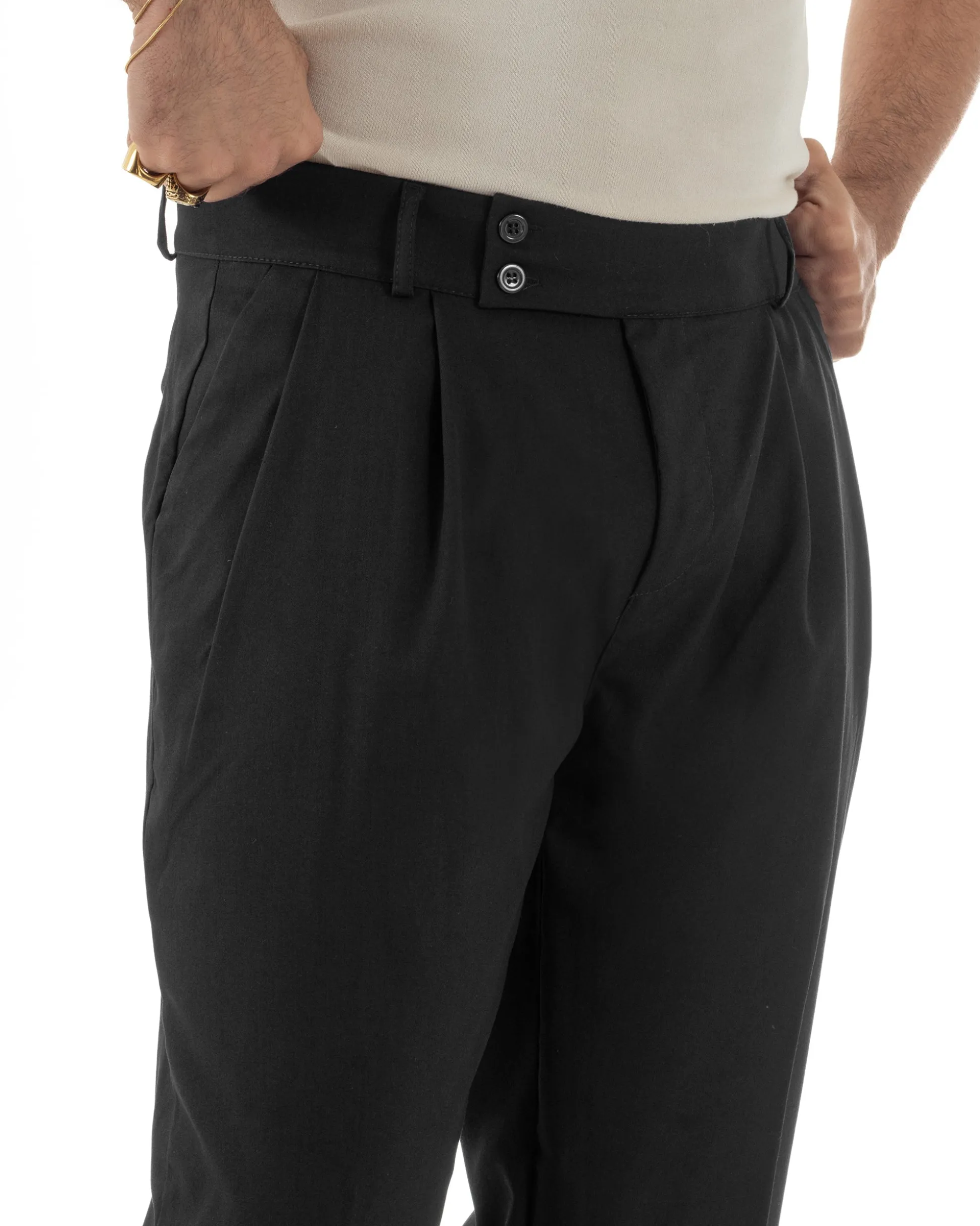 Pantaloni uomo viscosa baggy fondo ampio vita alta pinces nero GIOSAL-P6480A