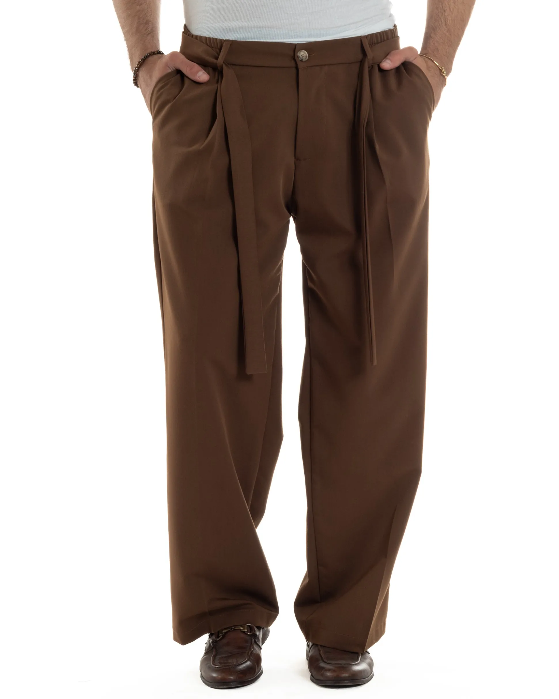 Pantaloni Uomo Viscosa Baggy Fondo Ampio Fusciacca Marrone GIOSAL-P6288A