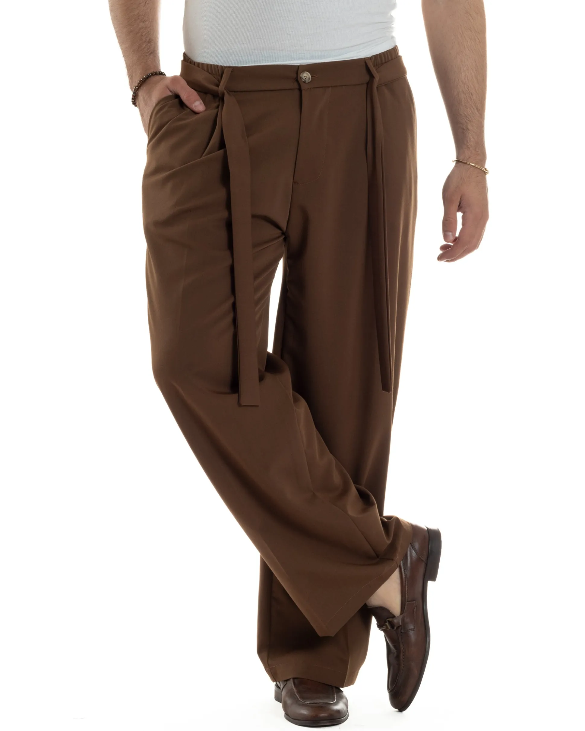 Pantaloni Uomo Viscosa Baggy Fondo Ampio Fusciacca Marrone GIOSAL-P6288A