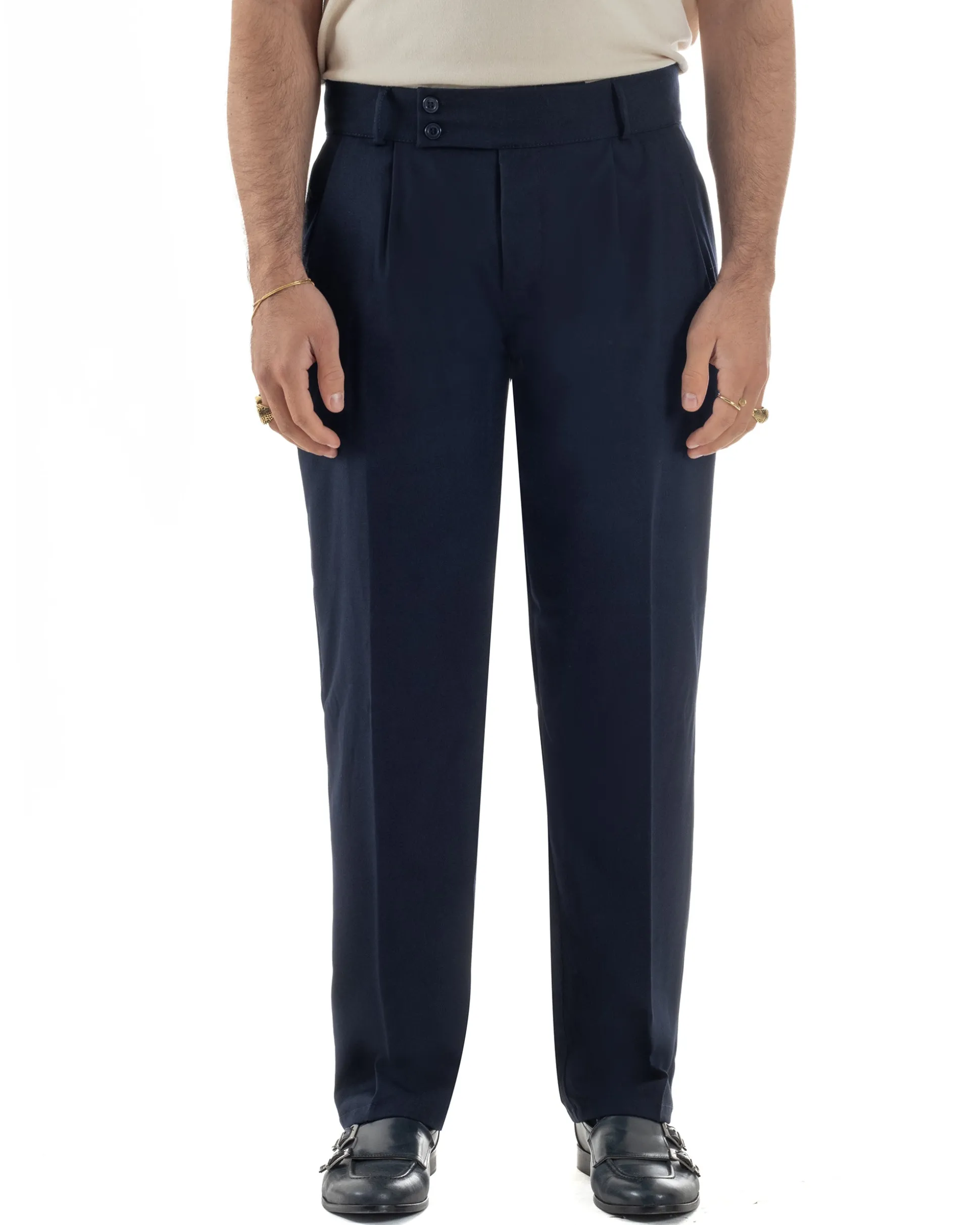 Pantaloni uomo viscosa baggy fondo ampio vita alta pinces blu GIOSAL-P6479A
