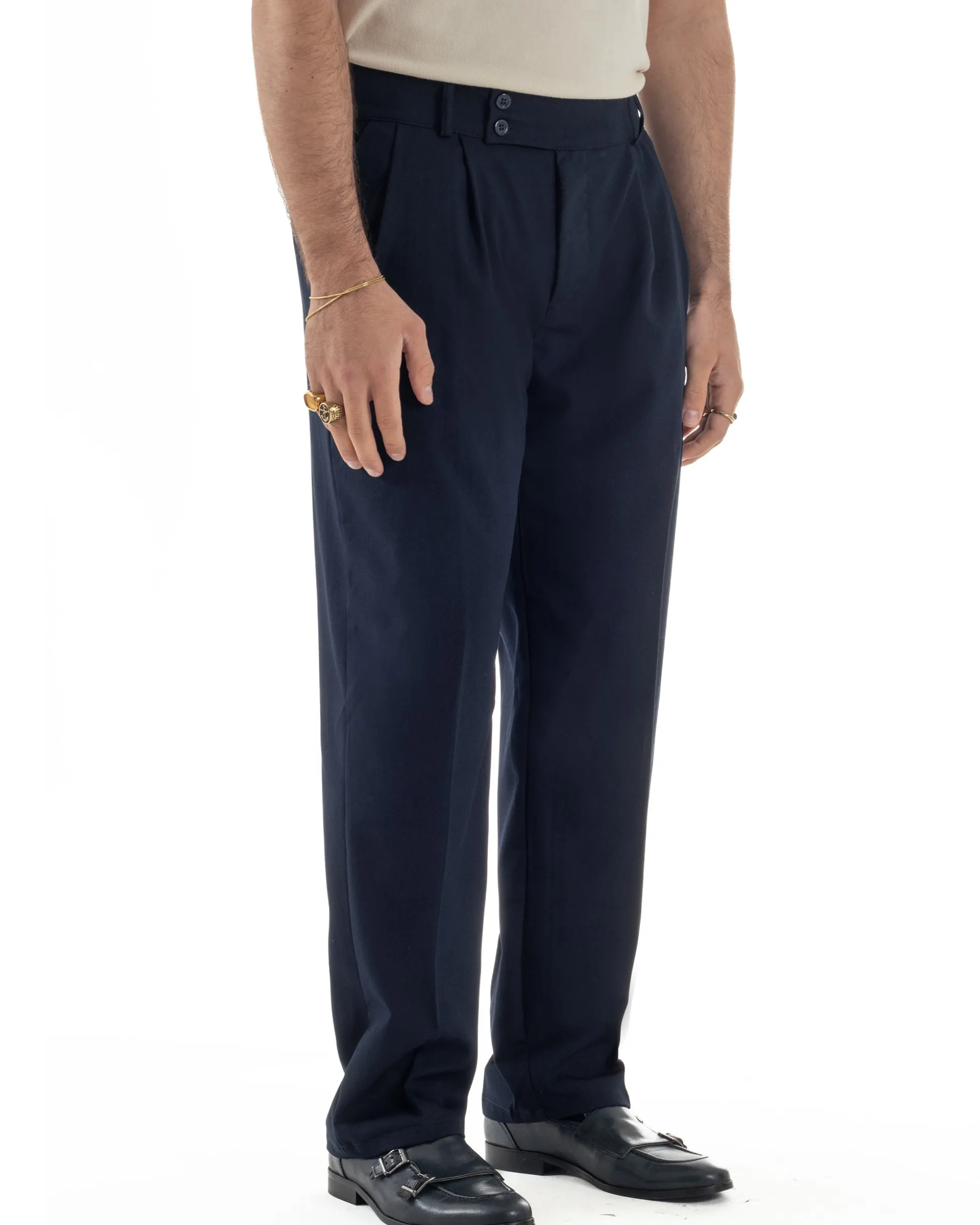 Pantaloni uomo viscosa baggy fondo ampio vita alta pinces blu GIOSAL-P6479A