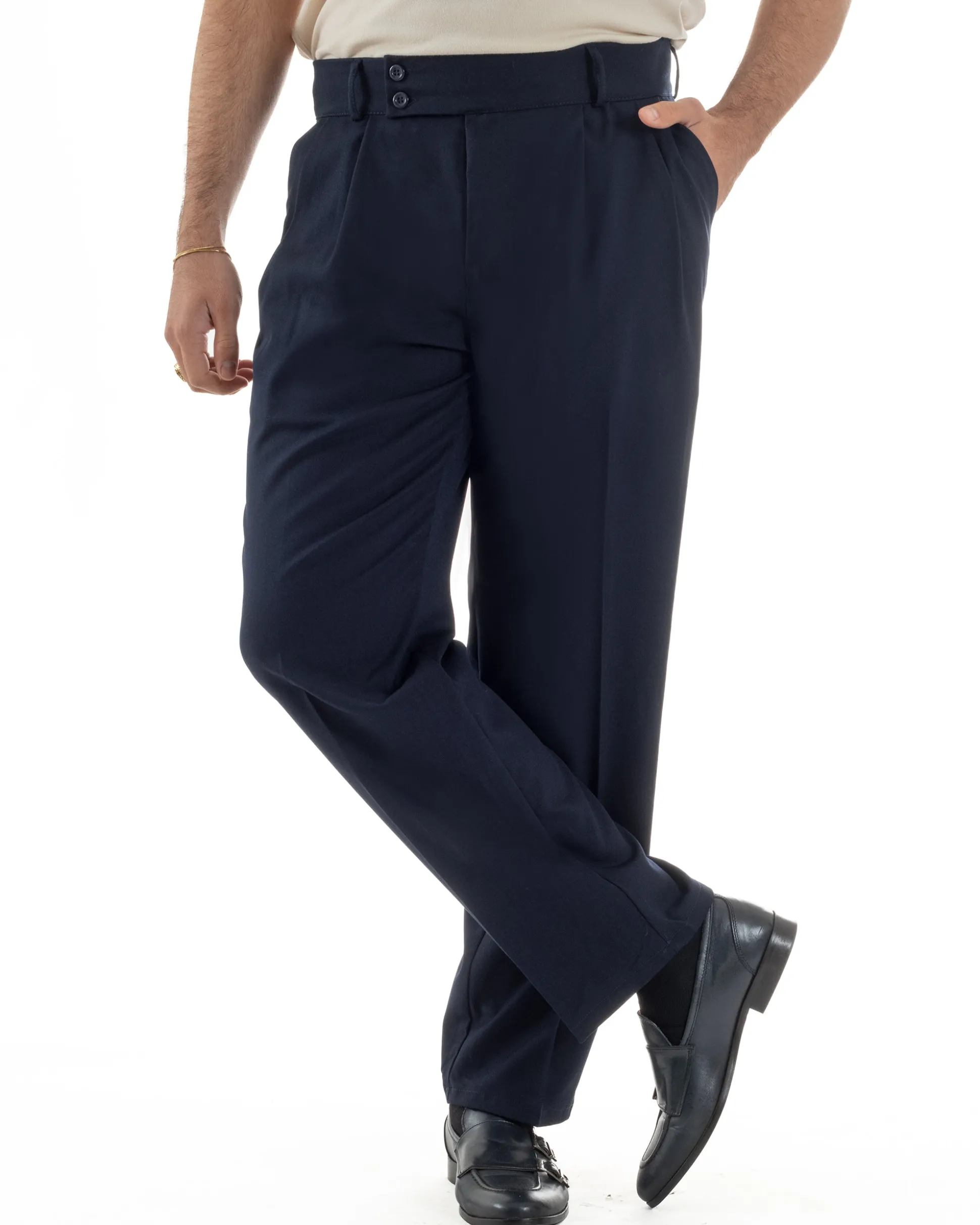 Pantaloni uomo viscosa baggy fondo ampio vita alta pinces blu GIOSAL-P6479A