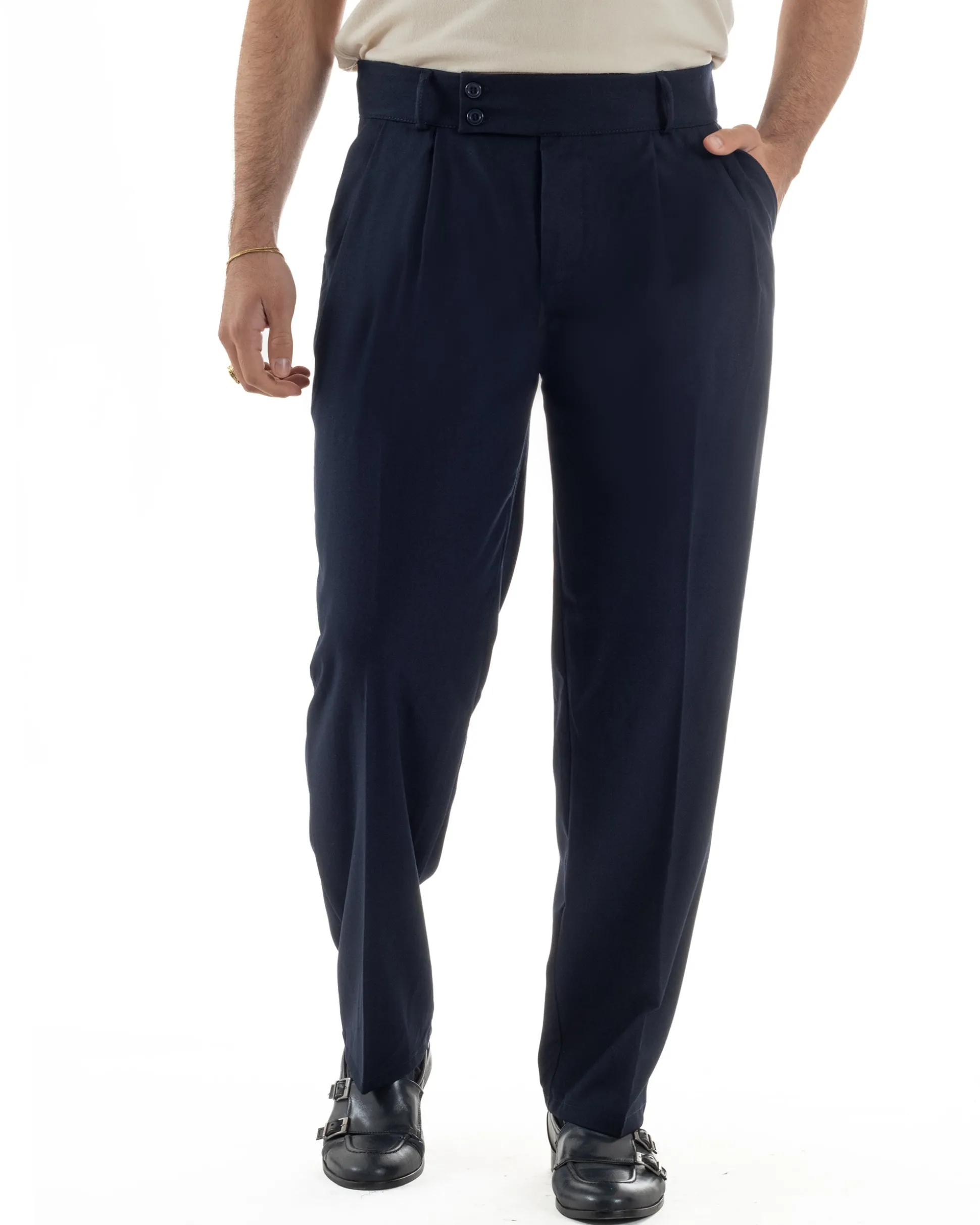 Pantaloni uomo viscosa baggy fondo ampio vita alta pinces blu GIOSAL-P6479A