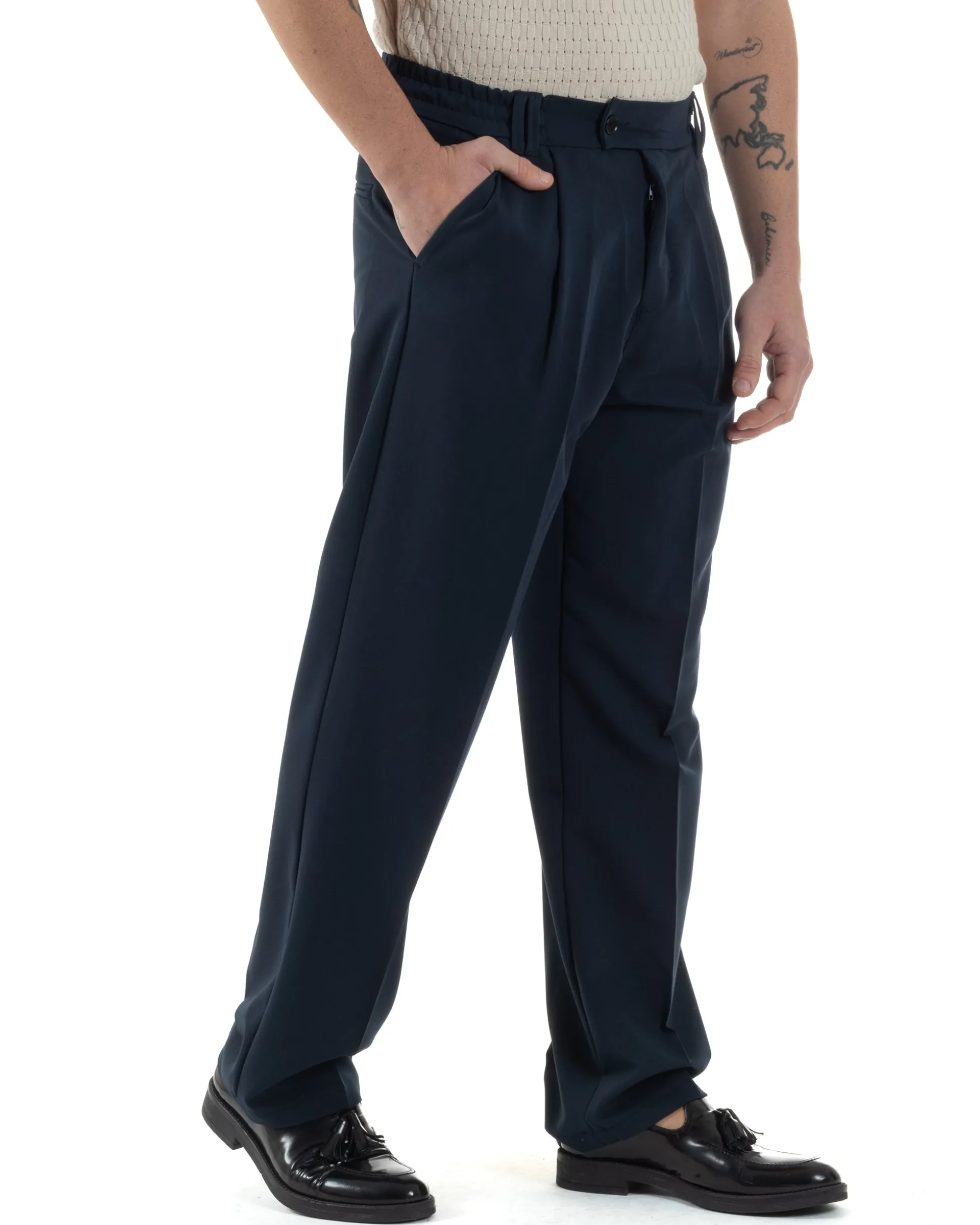 Pantaloni uomo viscosa baggy fondo ampio elastico sul retro abbottonatura allungata blu GIOSAL-P6260A