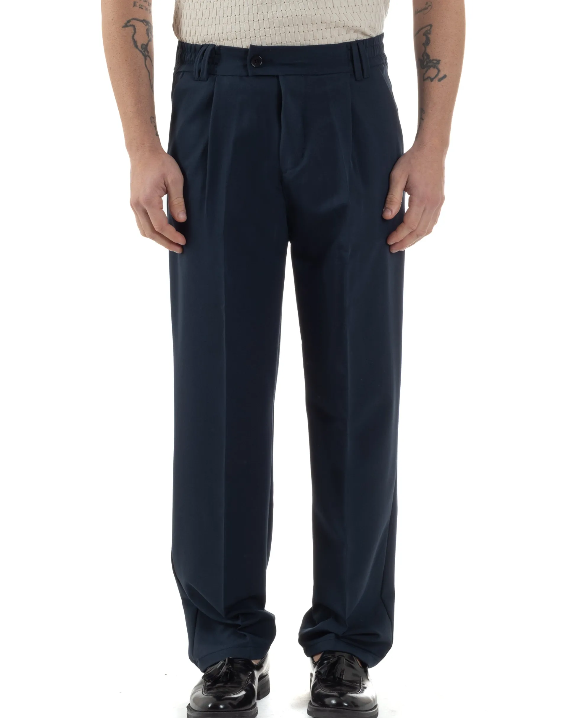 Pantaloni uomo viscosa baggy fondo ampio elastico sul retro abbottonatura allungata blu GIOSAL-P6260A