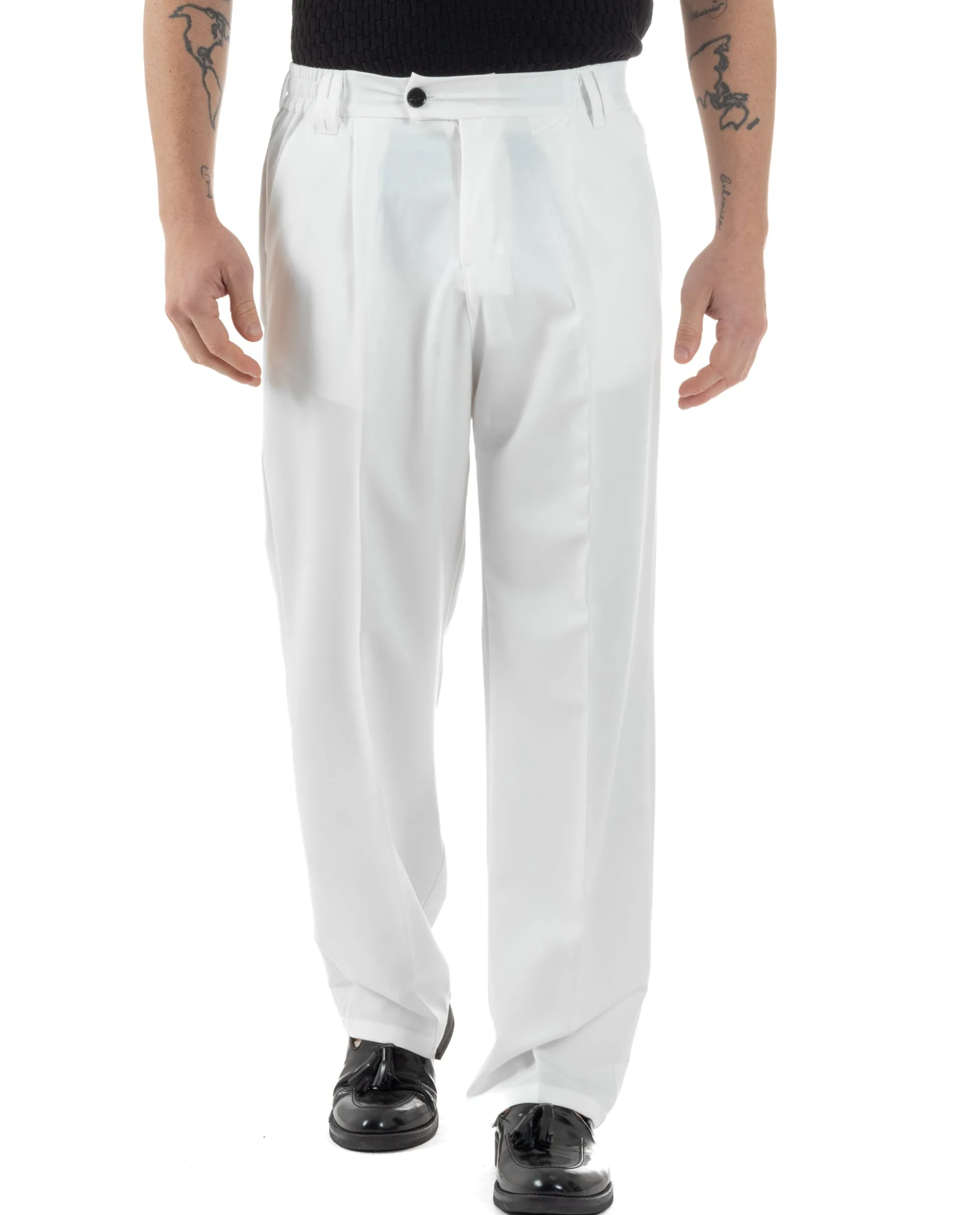 Pantaloni uomo viscosa baggy fondo ampio elastico sul retro abbottonatura allungata bianco GIOSAL-P6259A