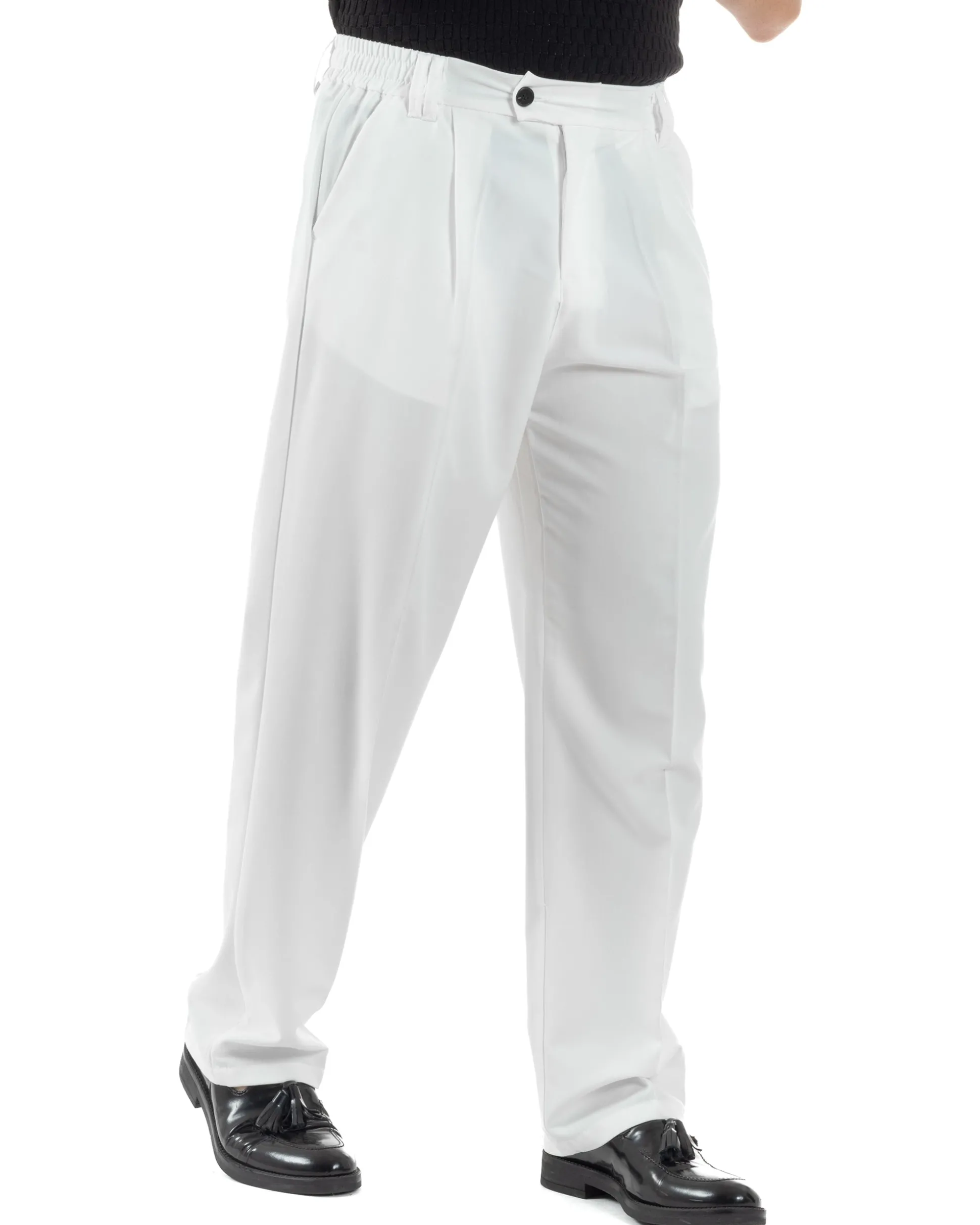 Pantaloni uomo viscosa baggy fondo ampio elastico sul retro abbottonatura allungata bianco GIOSAL-P6259A