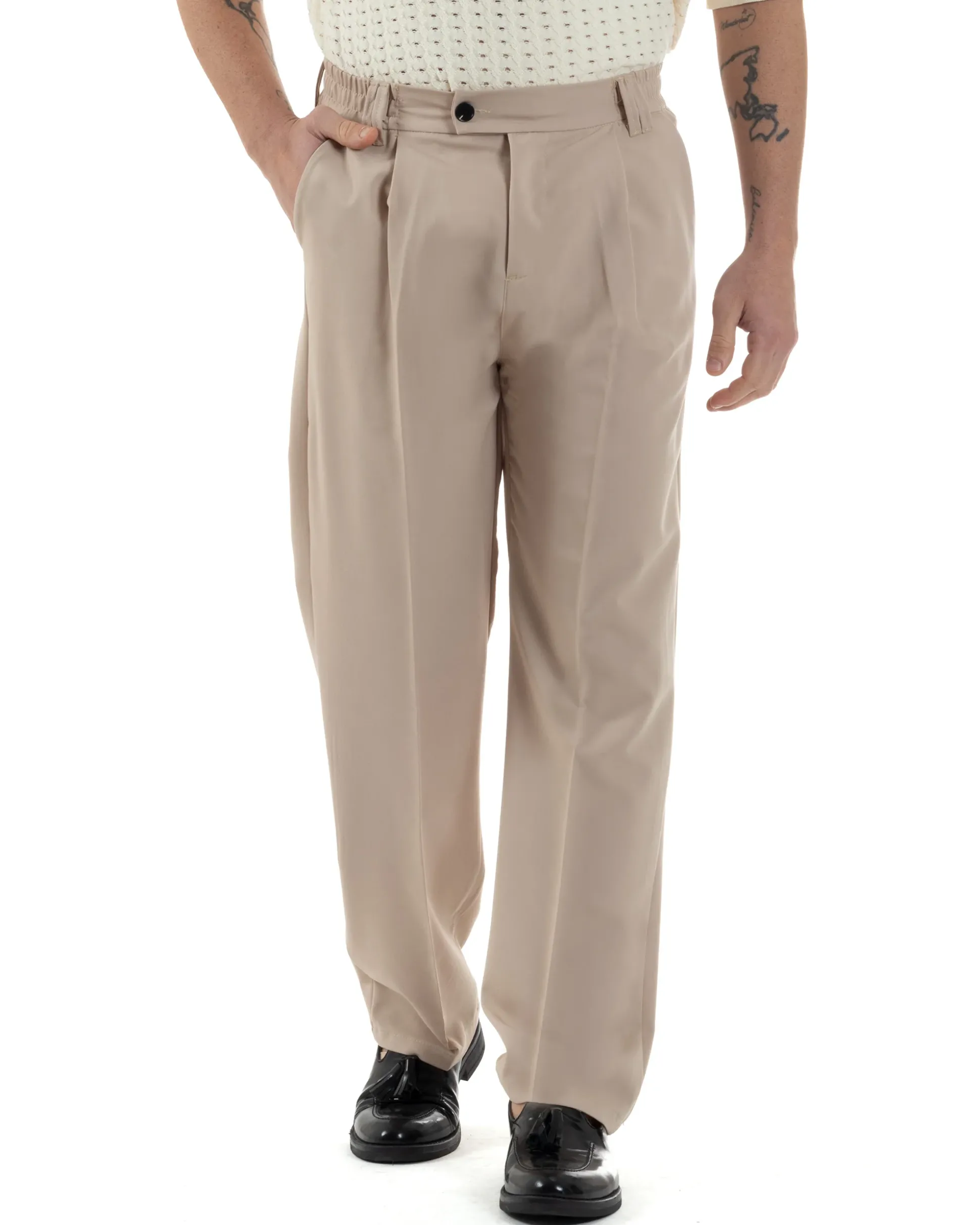 Pantaloni uomo viscosa baggy fondo ampio elastico sul retro abbottonatura allungata beige GIOSAL-P6258A