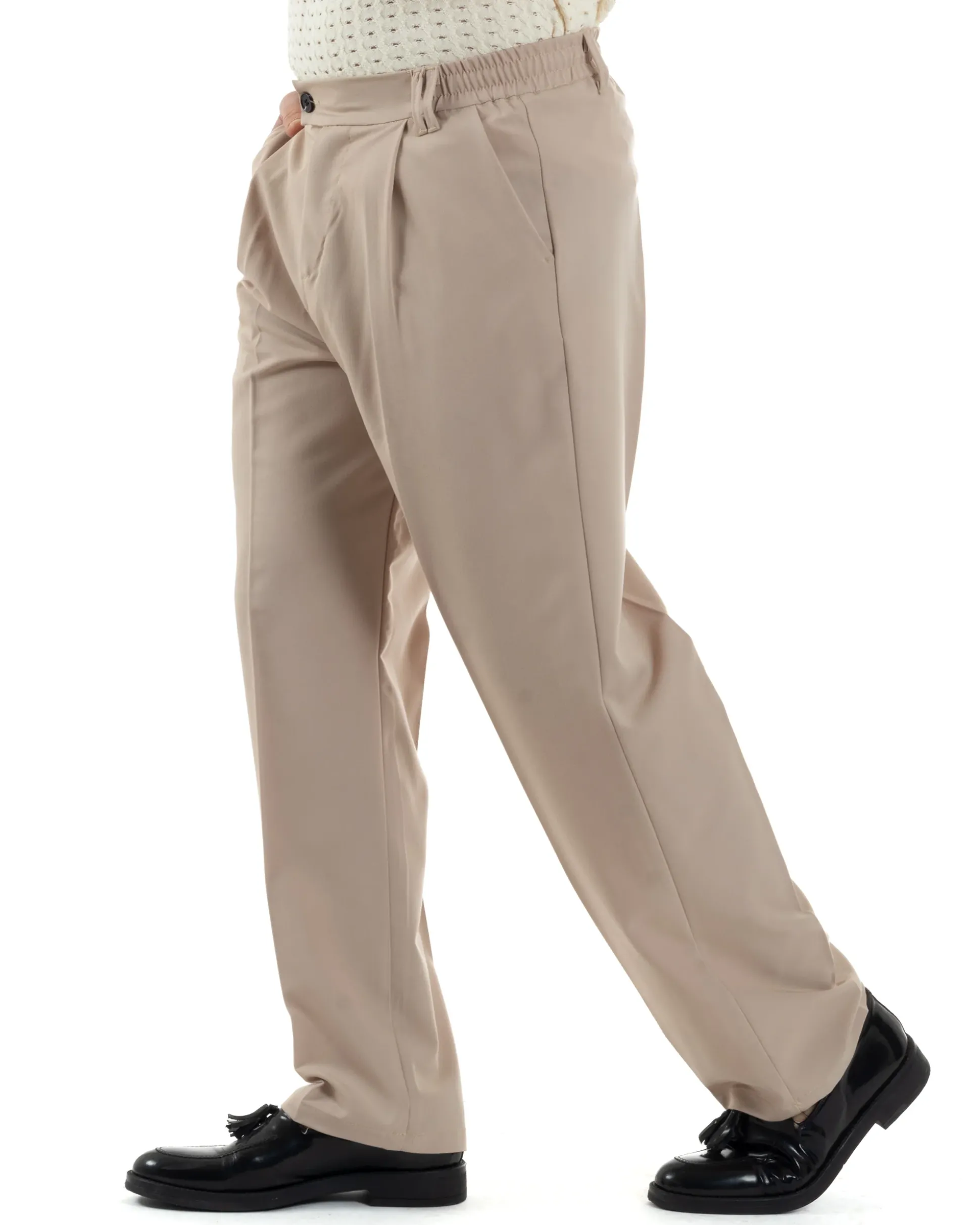 Pantaloni uomo viscosa baggy fondo ampio elastico sul retro abbottonatura allungata beige GIOSAL-P6258A