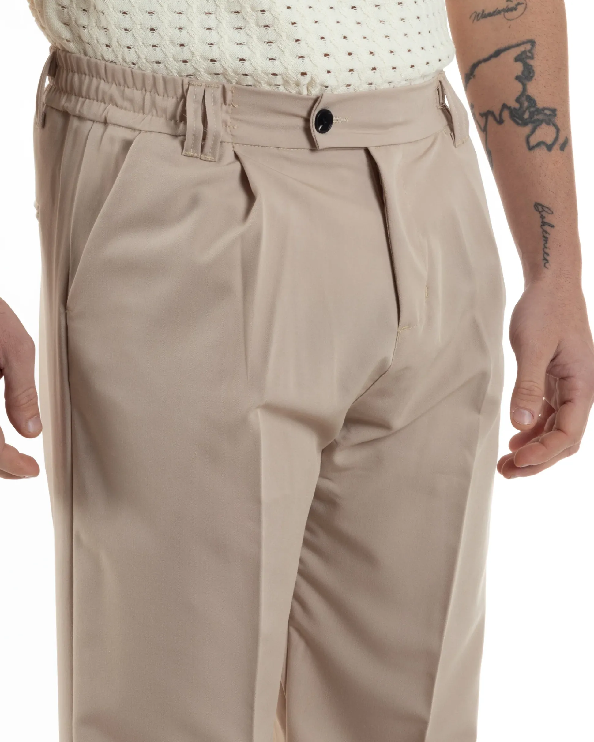 Pantaloni uomo viscosa baggy fondo ampio elastico sul retro abbottonatura allungata beige GIOSAL-P6258A