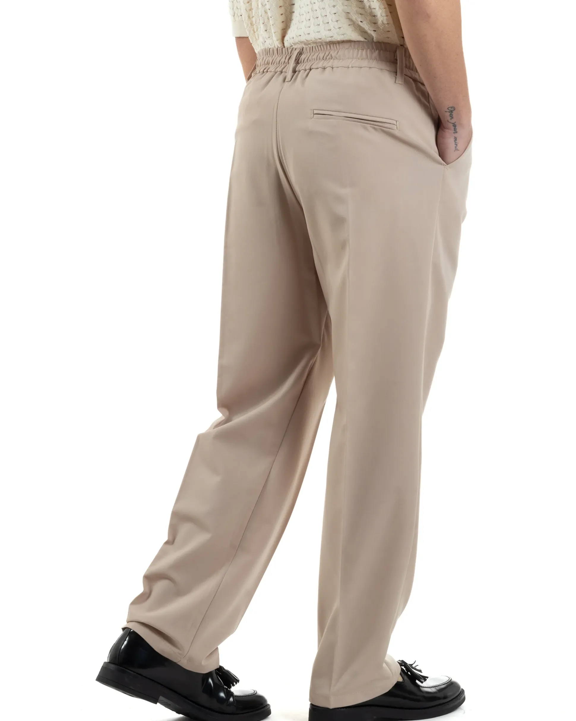 Pantaloni uomo viscosa baggy fondo ampio elastico sul retro abbottonatura allungata beige GIOSAL-P6258A