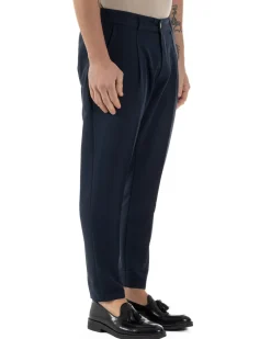 Pantaloni Uomo Viscosa Capri Classico Tasche America Pinces Blu P6225A