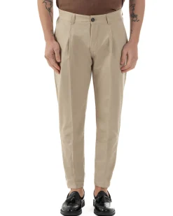 Pantaloni Uomo Viscosa Capri Classico Tasche America Pinces Beige P6226A
