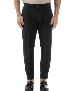 Pantaloni Uomo Viscosa Capri Classico Tasche America Pinces Nero P6228A