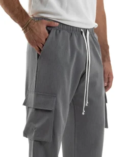 Pantaloni Uomo Viscosa Cargo Baggy Tinta Unita Grigio P6359A