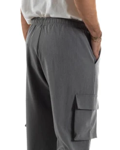 Pantaloni Uomo Viscosa Cargo Baggy Tinta Unita Grigio P6359A